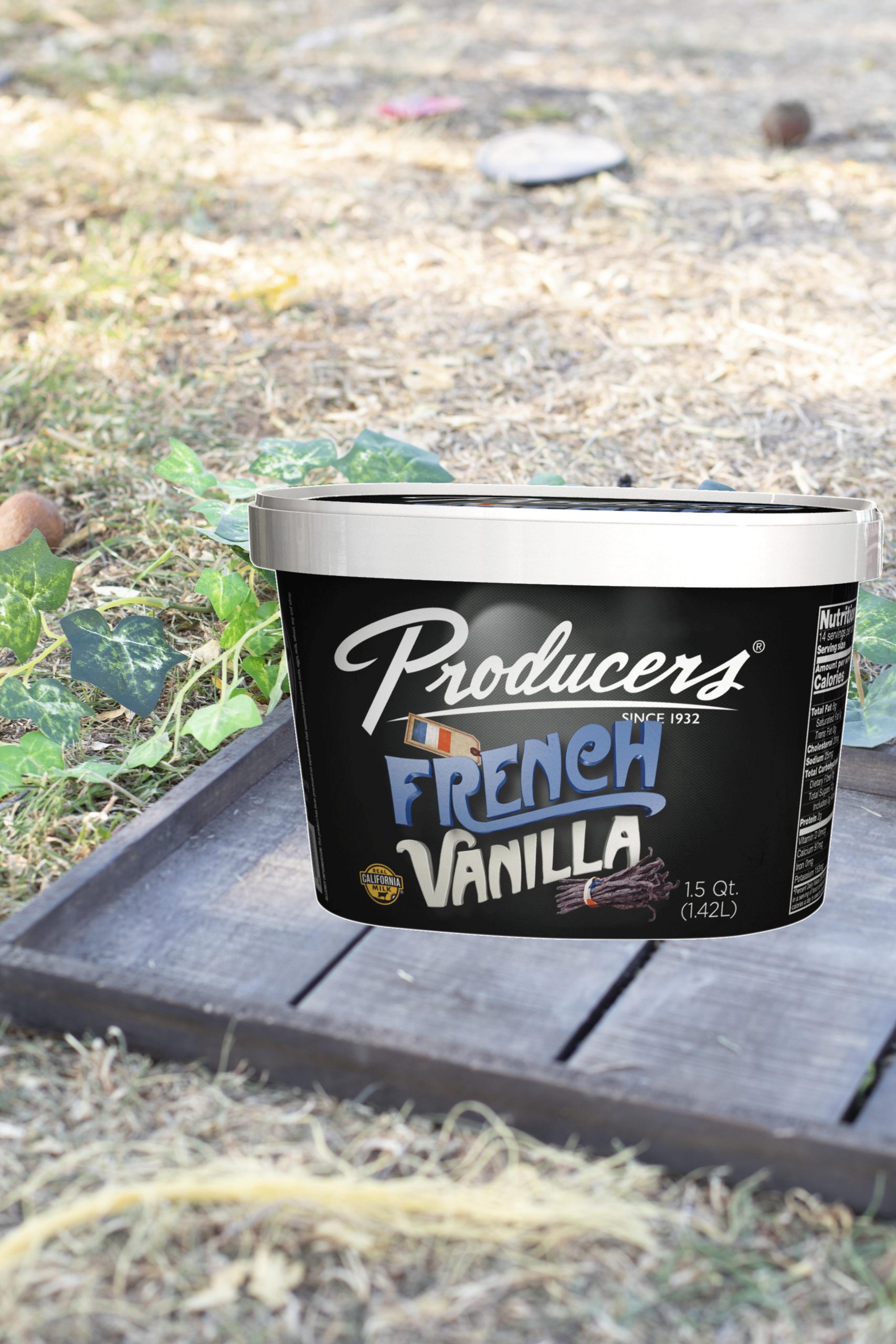 FrenchVanilla_Farm French Vanilla Producers Ice Cream sitting on wood on top of grass.