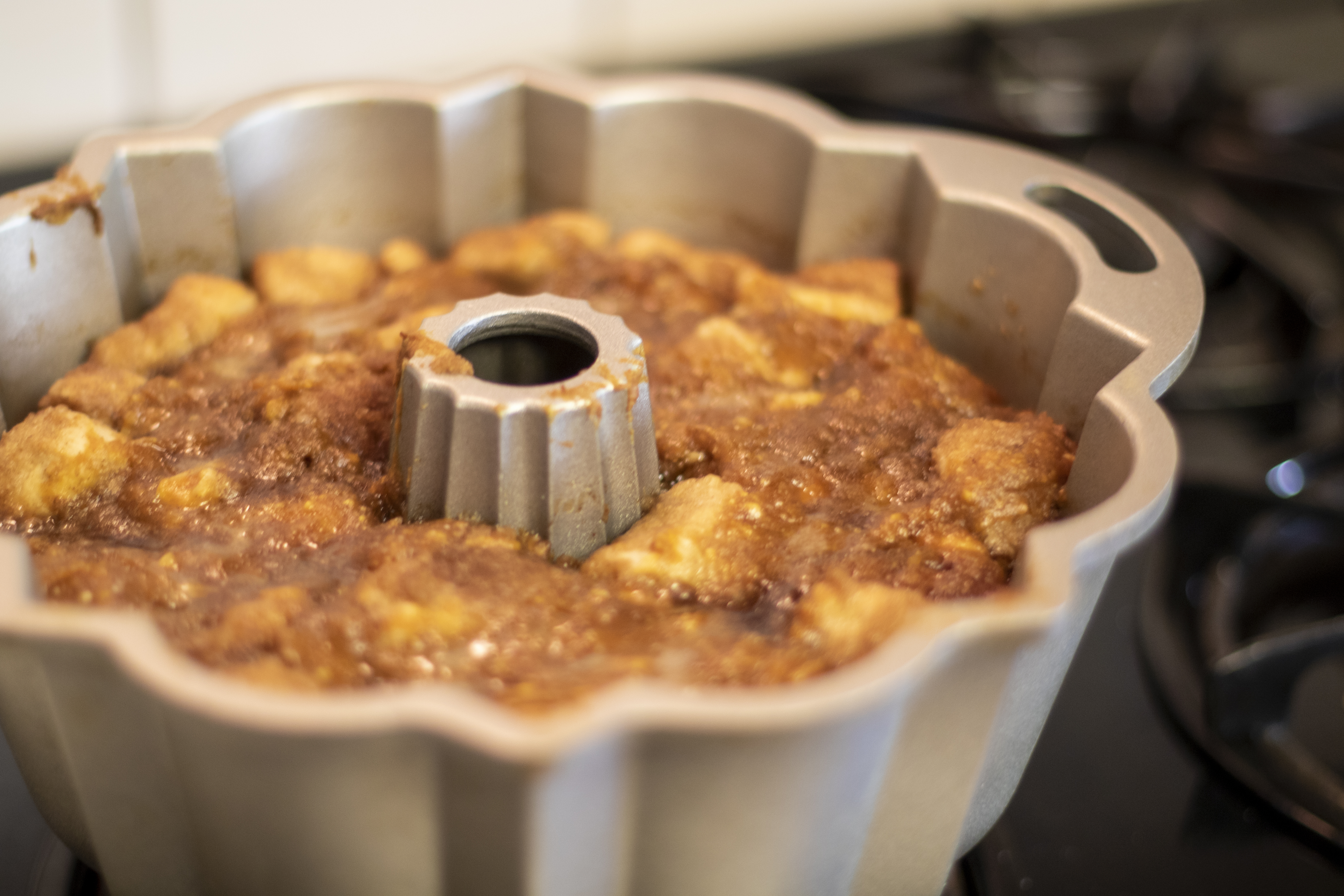 Pumpkin Monkey Bread cooling on the stove